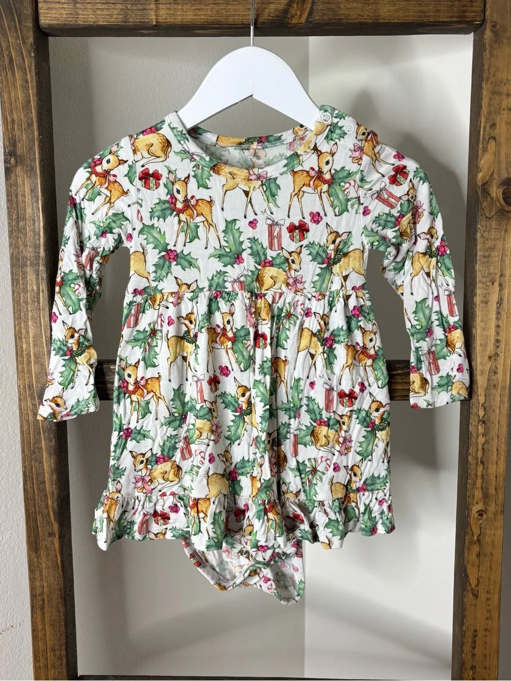 Posh Peanut Baby Deer Christmas Print Long Sleeve Dress Bodysuit Size 18/24M